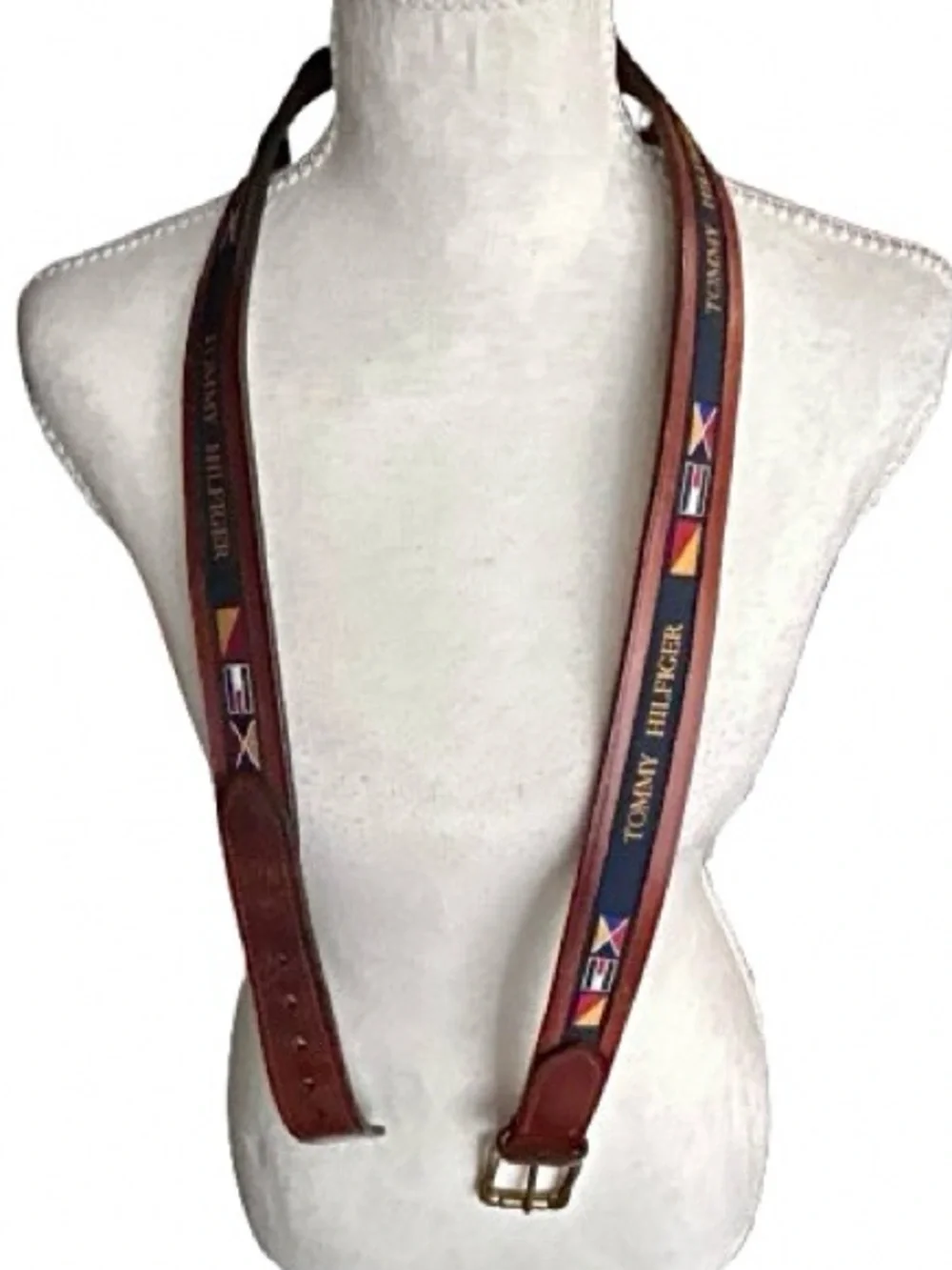 TOMMY HILFIGER L Leather Flag Nautical Belt Brown Large Size 49 Preppy